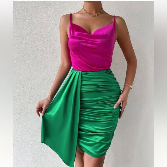 Two Tone Draped Ruched Side Satin Cami Dress - Picture 4 of 9